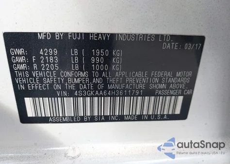 2017 Subaru Impreza 2.0I из США, поврежденный, VIN 4S3GKAA64H3611791